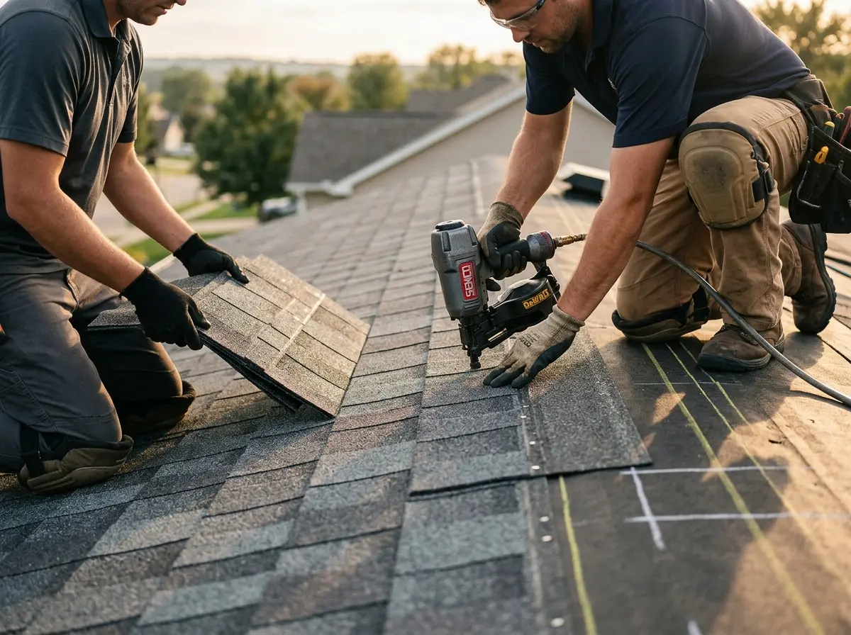 Professional roofer working on a residential roof in Canutillo